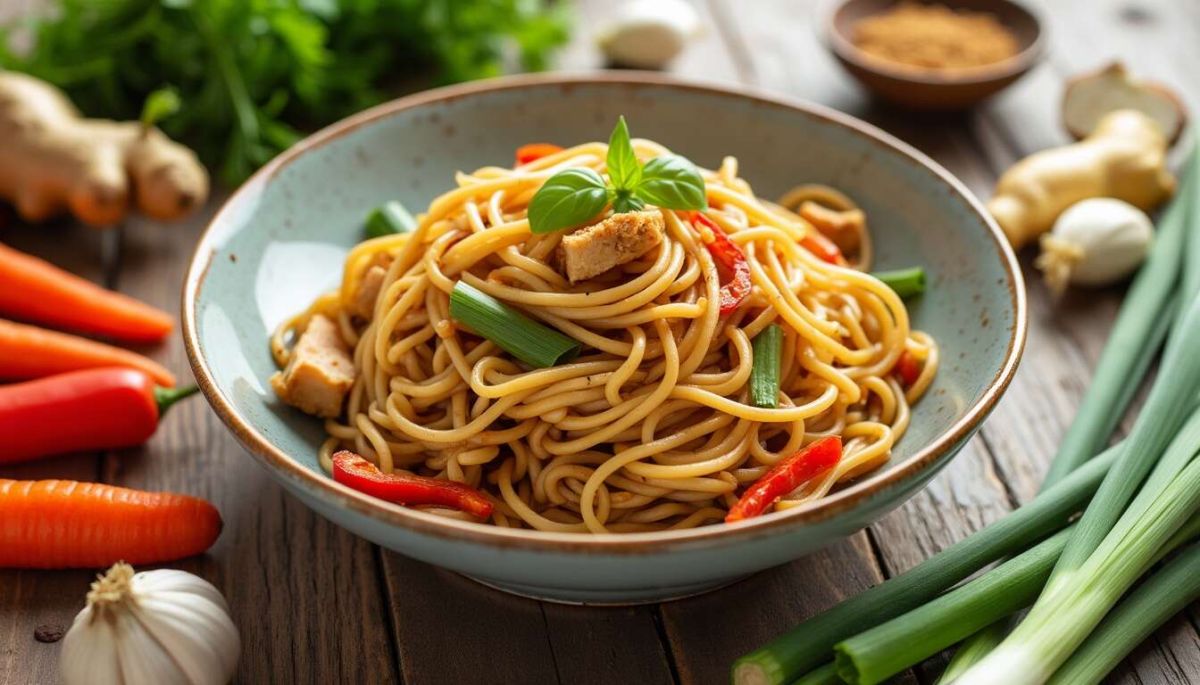 Recette de nouilles chinoises au poulet, gingembre et légumes