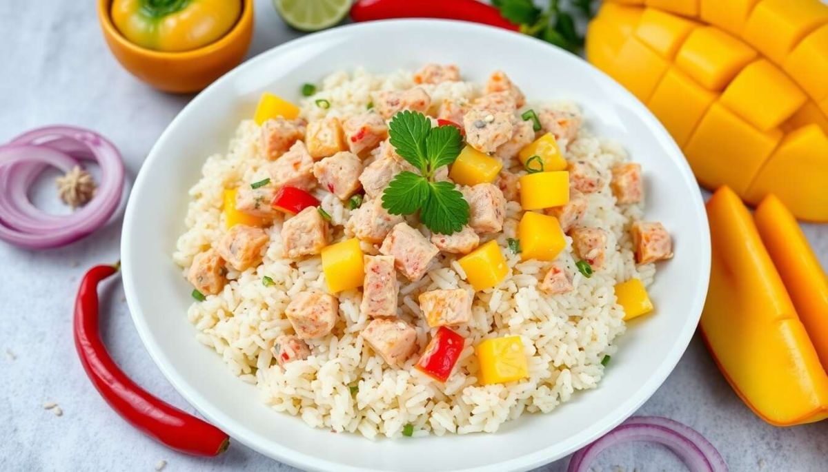 une salade de riz au thon et mangue pour une explosion de saveurs