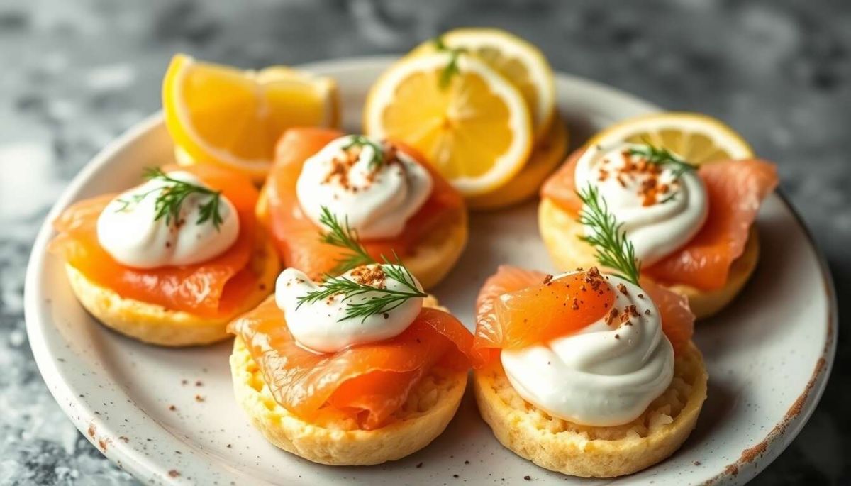 Naissance d'une entrée raffinée : saumon fumé sur blinis et chantilly au citron